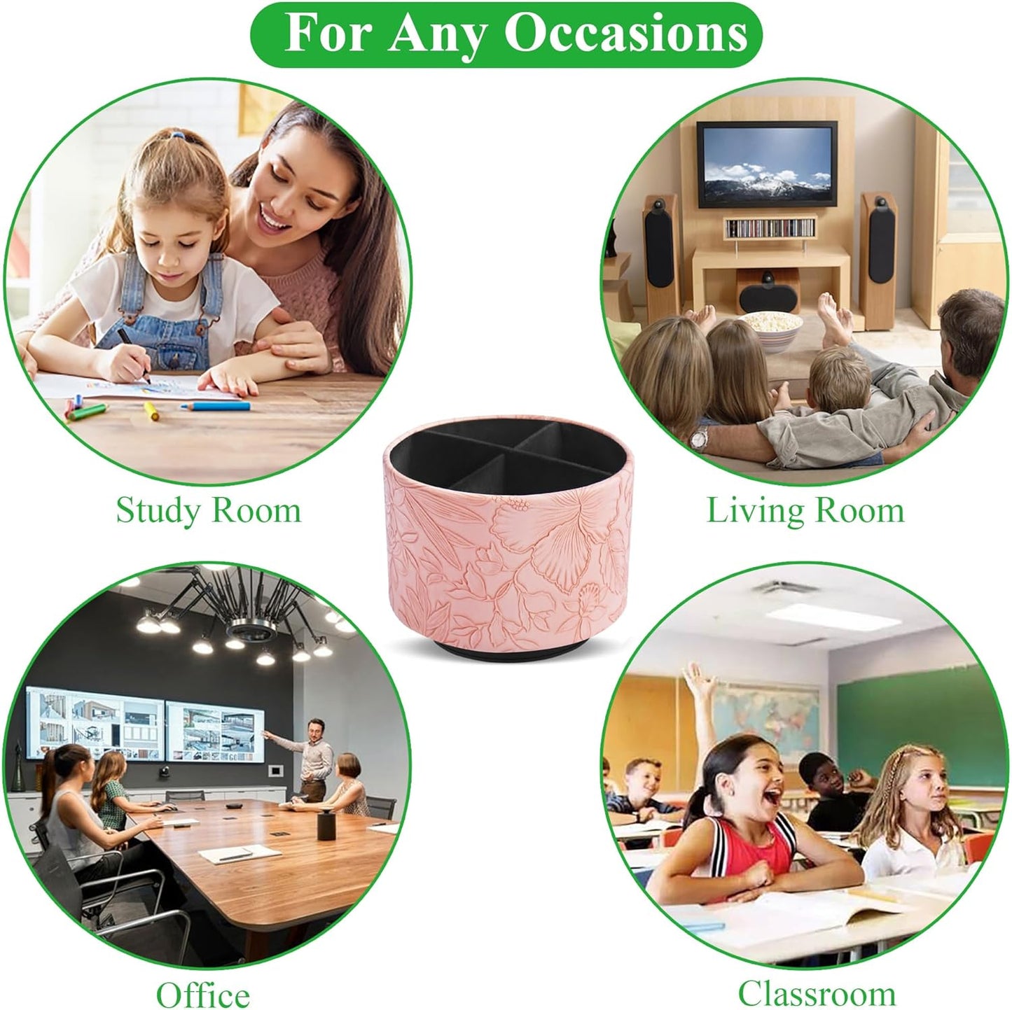 Round Leather Art Supply Organizer,Remote Control Holder,360 Degree Rotating,Multi-Functional Pencil Holder,4 Compartments Desktop Stationary Organizer(1-Fractal Flower) | Round - Colors A