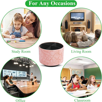 Round Leather Art Supply Organizer,Remote Control Holder,360 Degree Rotating,Multi-Functional Pencil Holder,4 Compartments Desktop Stationary Organizer(1-Fractal Flower) | Round - Colors A