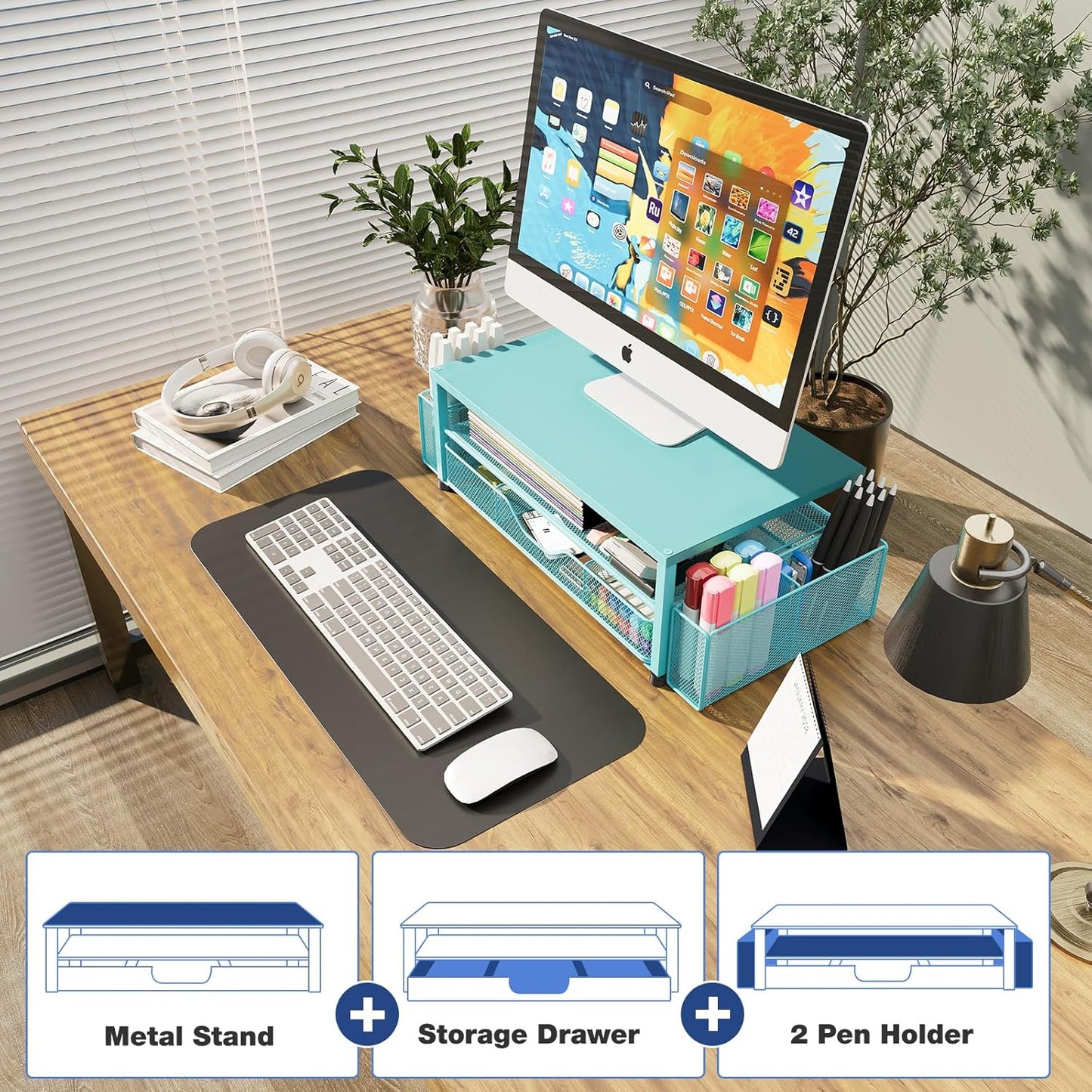 OPNICE Wood Desk Organizers and Accessories, 2-Tier Computer Monitor Stand Riser with Drawer and 2 Pen Holders, Laptop Stand, Office Desk Accessories for Office Supplies, Brown
