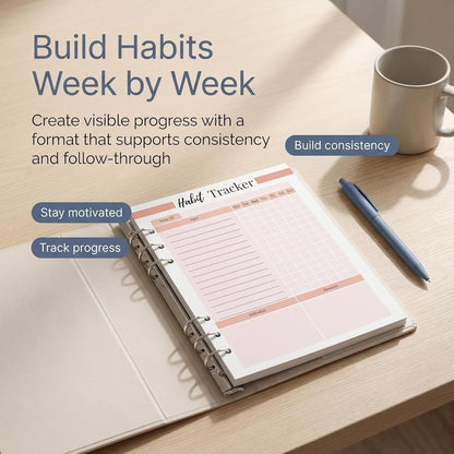 A5 Weekly Habit Tracker Inserts - Motivation & Rewards Pages for Weekly Goals and Consistency, Double-Sided 6-Hole Refill for A5 Binders, 50 Sheets, 100 Pages