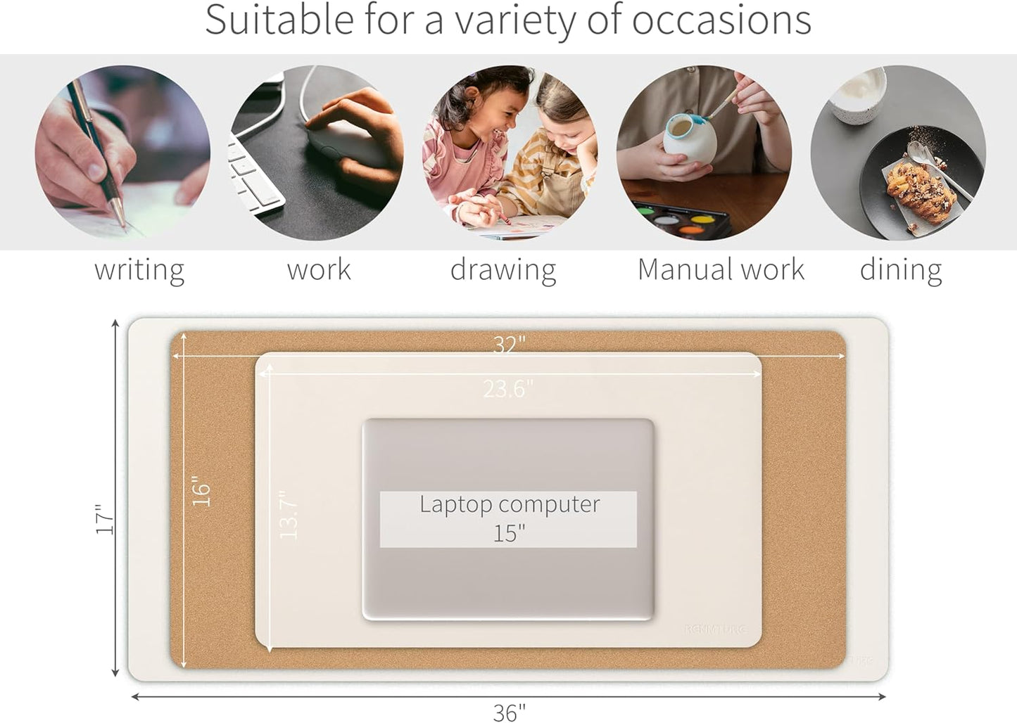 RENMTURE Desk Pad, Cork & PU Leather Desk Mat, Large Mouse pad, Non-Slip Desk Protector and Blotter, Waterproof Writing Pad, Desk Accessories and Organizers for Home Office (Light Yellow, 32"x16")