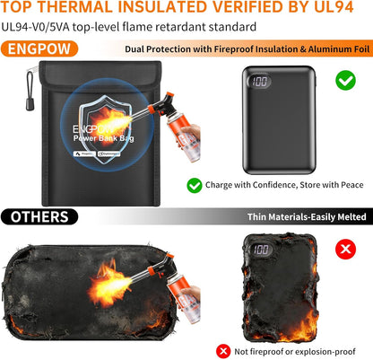 ENGPOW Fireproof Organizer Travel Bag,Heat Insulated＆Explosion-Proof Electronic Carry Case,Portable Home Travel Safe Storage for Power Bank,Phone,Cables,USB Drive＆Charging Protection, 10.6''x6.7''
