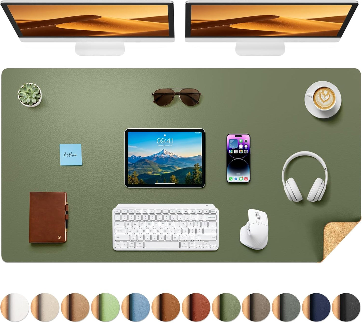 Aothia Dual-Sided Desk Pad - 25.6x13.7 inches Leather Desk Mat, Natural Cork Desk Pad Protector, Large Mouse Pad for Desk, Waterproof Desk Blotter Pad, Desk Writing Pad for Office Work/Home, Black