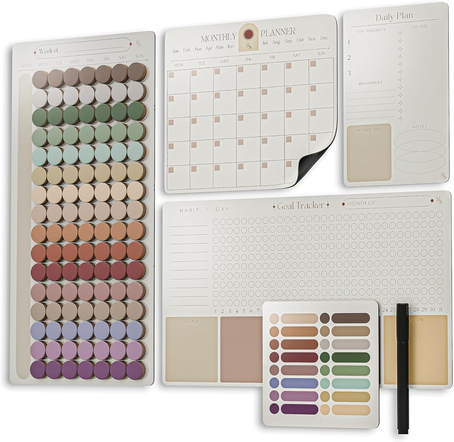 Premium Color-Coded Time Block Planner, Refrigerator Magnetic Planner Set, Vision Board, Wet Erase Daily Magnetic Calendar for Fridge, Weekly Planner, Habit tracker, teacher planner