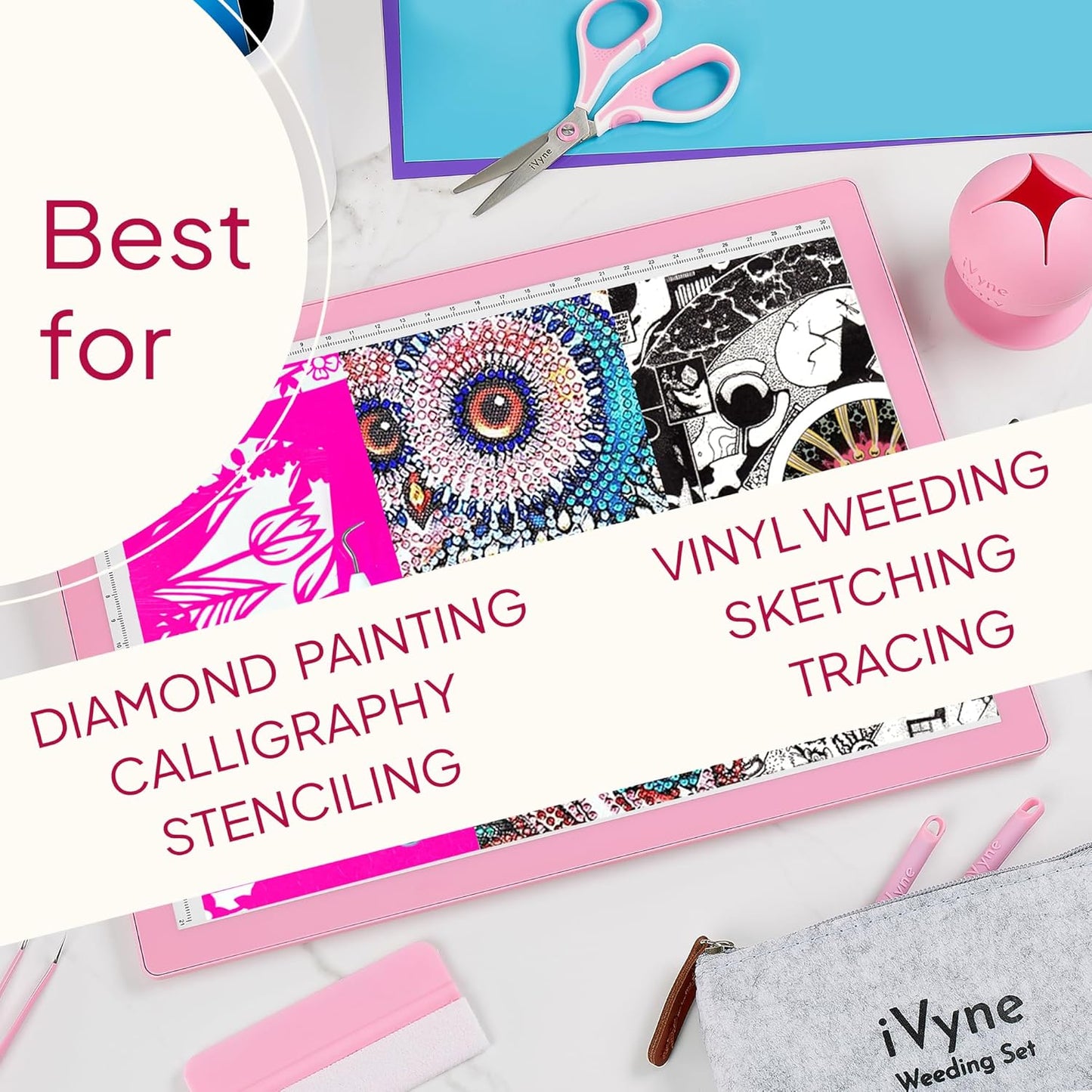 iVyne Rechargeable A4 Light Pad for Tracing & Weeding - LED Light Board for Weeding Vinyl - for Cricut Vinyl Weeding Tools - Ultra-Thin & Portable - Perfect for Artists & Crafters - Pink