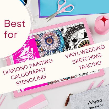 iVyne Rechargeable A4 Light Pad for Tracing & Weeding - LED Light Board for Weeding Vinyl - for Cricut Vinyl Weeding Tools - Ultra-Thin & Portable - Perfect for Artists & Crafters - Pink