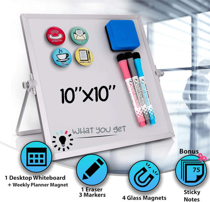 Dry Erase White Board for Desktop & Wall 12"x16" with 2 Magnetic Removable Planners - Weekly & Monthly to Do List Board with Stand, 6 Markers Eraser & Wall Hangers - Portable Double Sided Magnetic