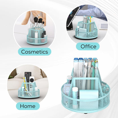 YINGHUA Metal Mesh Desk Organizer with 5 Compartments and Rotating Pencil Holder Pen and Stationery Organizer for Office Home School Anti Slip Base Black
