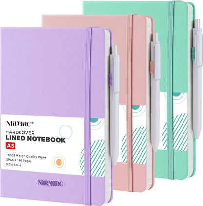 NIRMIRO 3 Pack Pocket Notebook Journals, Small Notepad Notebooks for Note Taking, A6 Mini Note pads with Pen Holder, 408 Lined Pages, 3.7" x 5.7", Black, Brown, Blue