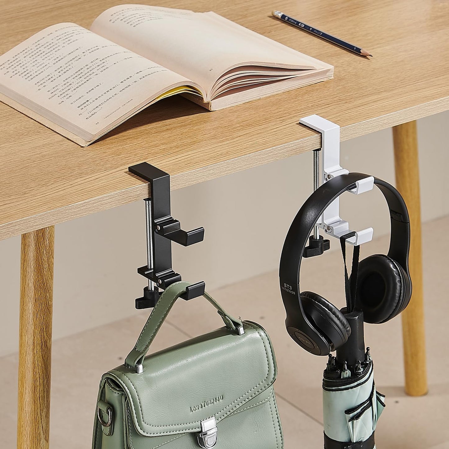 JAKO Headphone Stand for Desk, 3 Hooks Aluminum Alloy Headphone Holder (1 Foldable+2 Fixed) Space Saving Headset Stand Hook, Universal Fit PC Gaming Headsets Holder Desk Clamp for Office/Game Table