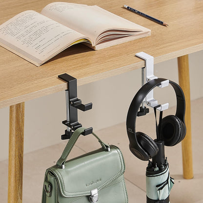 JAKO Headphone Stand for Desk, 3 Hooks Aluminum Alloy Headphone Holder (1 Foldable+2 Fixed) Space Saving Headset Stand Hook, Universal Fit PC Gaming Headsets Holder Desk Clamp for Office/Game Table