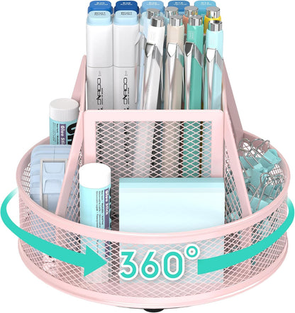 YINGHUA Metal Mesh Desk Organizer with 5 Compartments and Rotating Pencil Holder Pen and Stationery Organizer for Office Home School Anti Slip Base Black