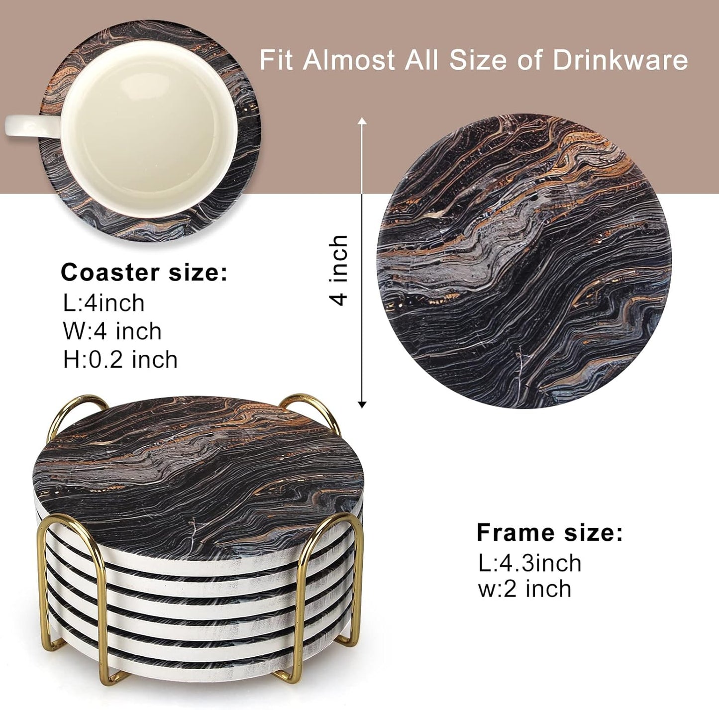 Coasters Set of 6, Navy Blue Marble Abstract Round Ceramic Coasters with Holder, Best Absorbent Drink Coaster Set, Coffee Table Decor for Home Decor House Warming Gifts New Home