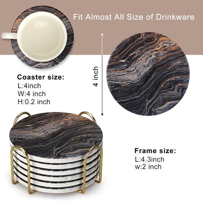 Coasters Set of 6, Navy Blue Marble Abstract Round Ceramic Coasters with Holder, Best Absorbent Drink Coaster Set, Coffee Table Decor for Home Decor House Warming Gifts New Home