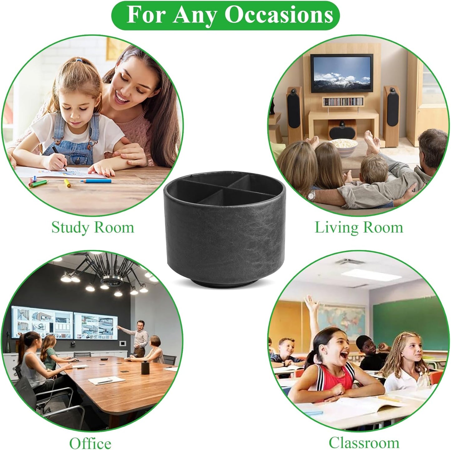 Round Leather Art Supply Organizer,Remote Control Holder,360 Degree Rotating,Multi-Functional Pencil Holder,4 Compartments Desktop Stationary Organizer(1-Fractal Flower) | Round - Colors A