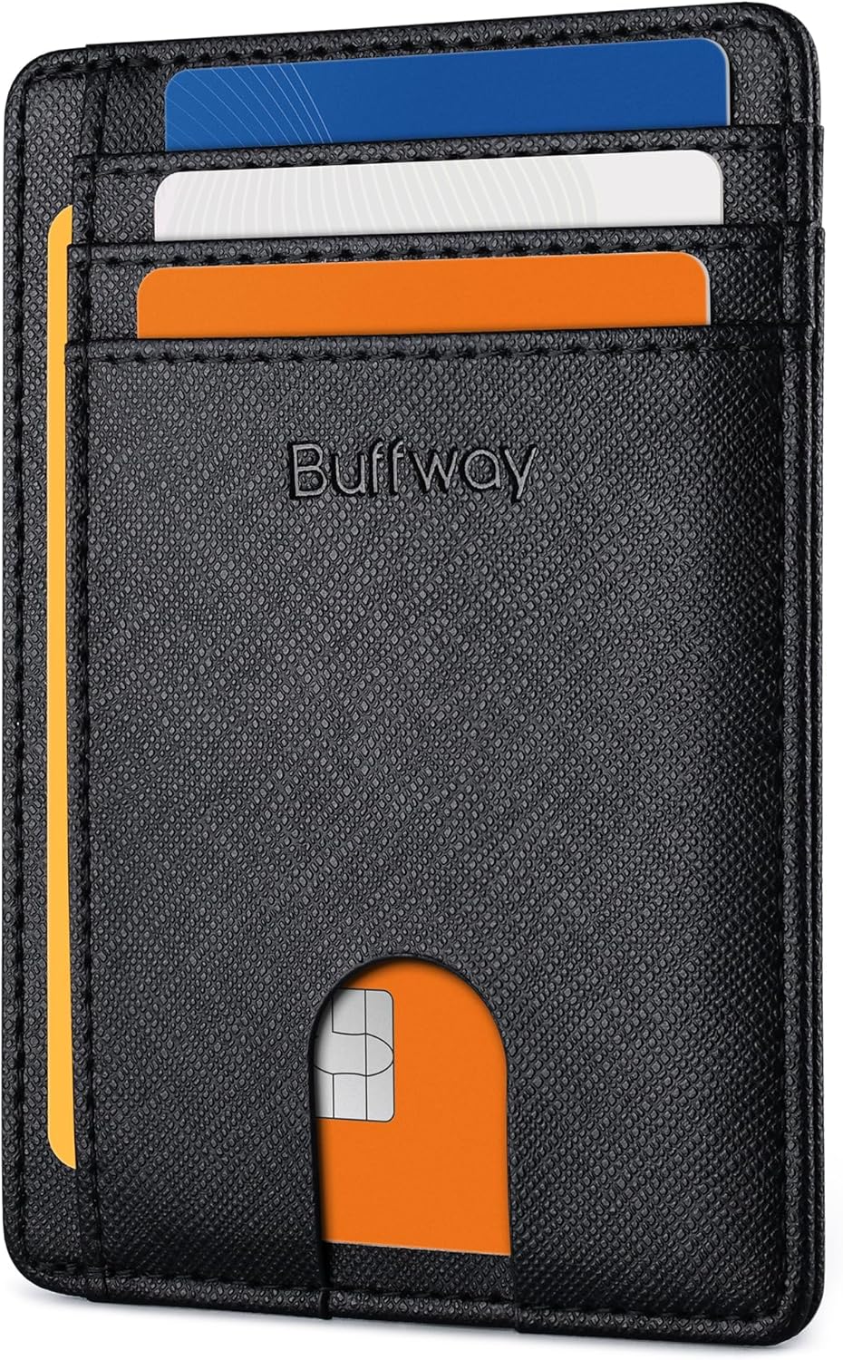 Buffway Slim Minimalist Front Pocket RFID Blocking Leather Wallets for Men and Women - Carbon Fiber Black - Colors B