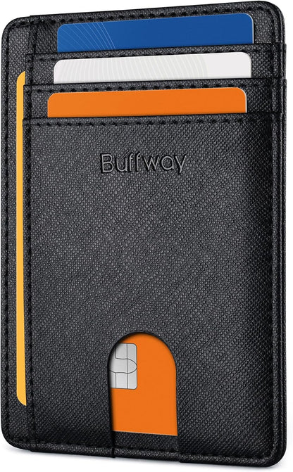 Buffway Slim Minimalist Front Pocket RFID Blocking Leather Wallets for Men and Women - Carbon Fiber Black - Colors B
