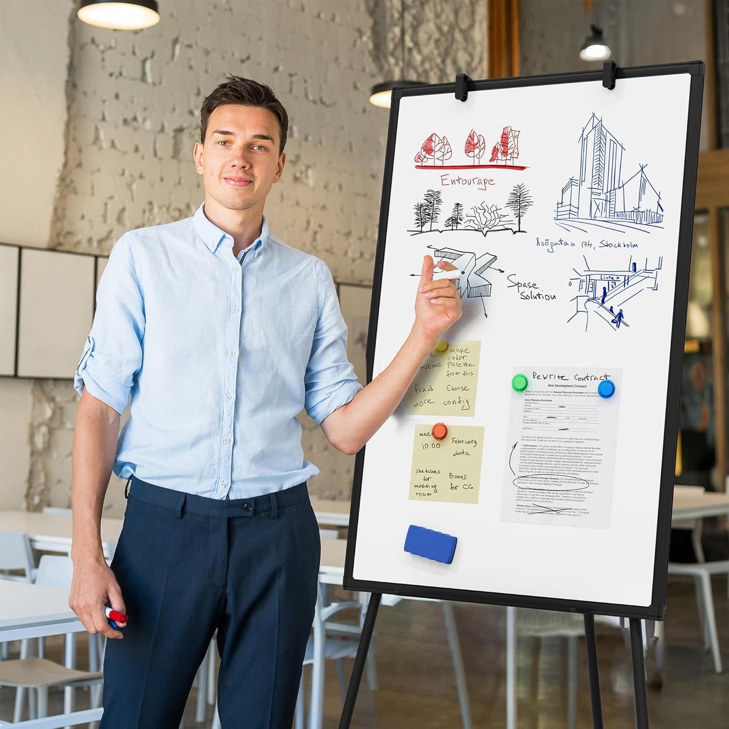 Large Whiteboard Easel with Stand, 36" x 24" Portable Standing Magnetic Dry Erase White Board, 3' x 2' Tripod Height Adjustable Flip Chart Easel for Home Office Classroom School, Silver