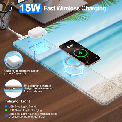 Wireless Charging Mouse Pad with Foldable Phone Holder, 31.5"x15.8" Large Desk Mat for Laptop/Keyboard, Waterproof Ultra-Smooth Surface, Non-Slip Base, Black