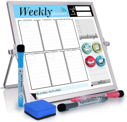 Dry Erase White Board for Desktop & Wall 12"x16" with 2 Magnetic Removable Planners - Weekly & Monthly to Do List Board with Stand, 6 Markers Eraser & Wall Hangers - Portable Double Sided Magnetic