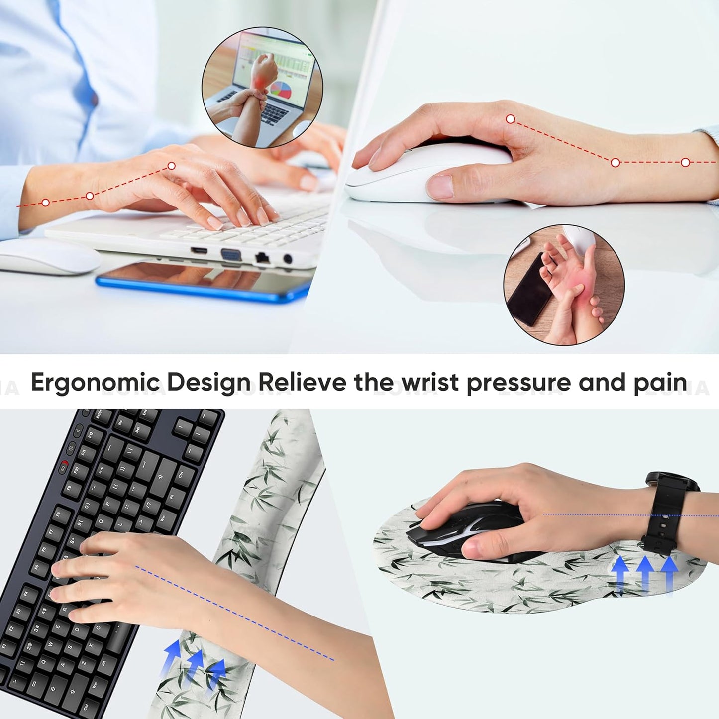 RICHEN Keyboard Wrist Rest and Mouse Pad with Wrist Support, Memory Foam Set for Gaming and Office, Comfortable & Lightweight for Easy Typing & Pain Relief (White Butterflies)