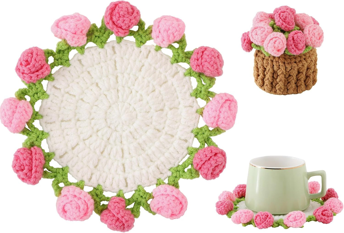 Flower Crochet Coasters, Handmade Bouquet Blanket Coaster with Crochet Plant Pot Fun Soft Decorative Drink Coasters for Coffee Tabletop Protection and Home Decor (Pink, 1Pc)