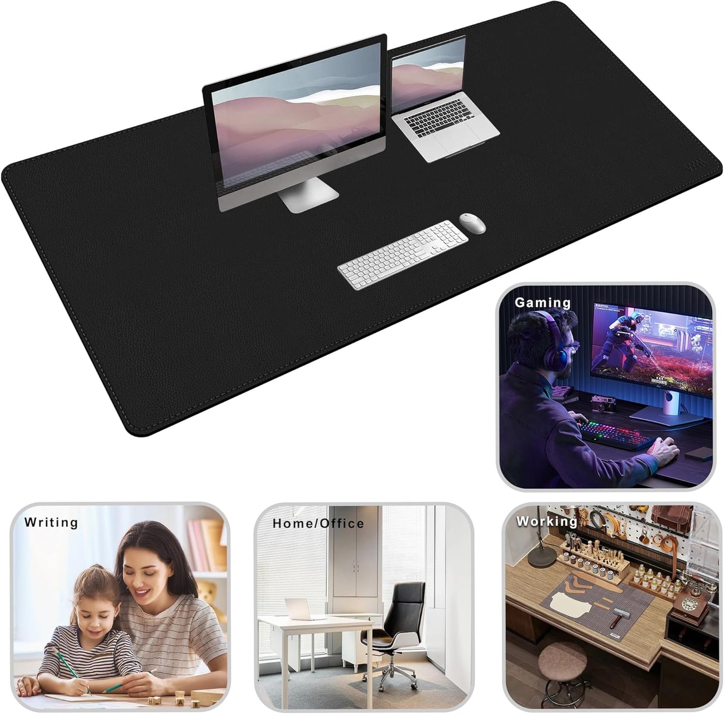 Vyaaa PU Leather & Cork Desk Mat, 39.4"x15.7" Dual Sided Computer Desk mat, Waterproof Large Mouse Pad, Non-Slip Office Desk pad, Office Desk Protector for Work/Gaming/Home (Black)