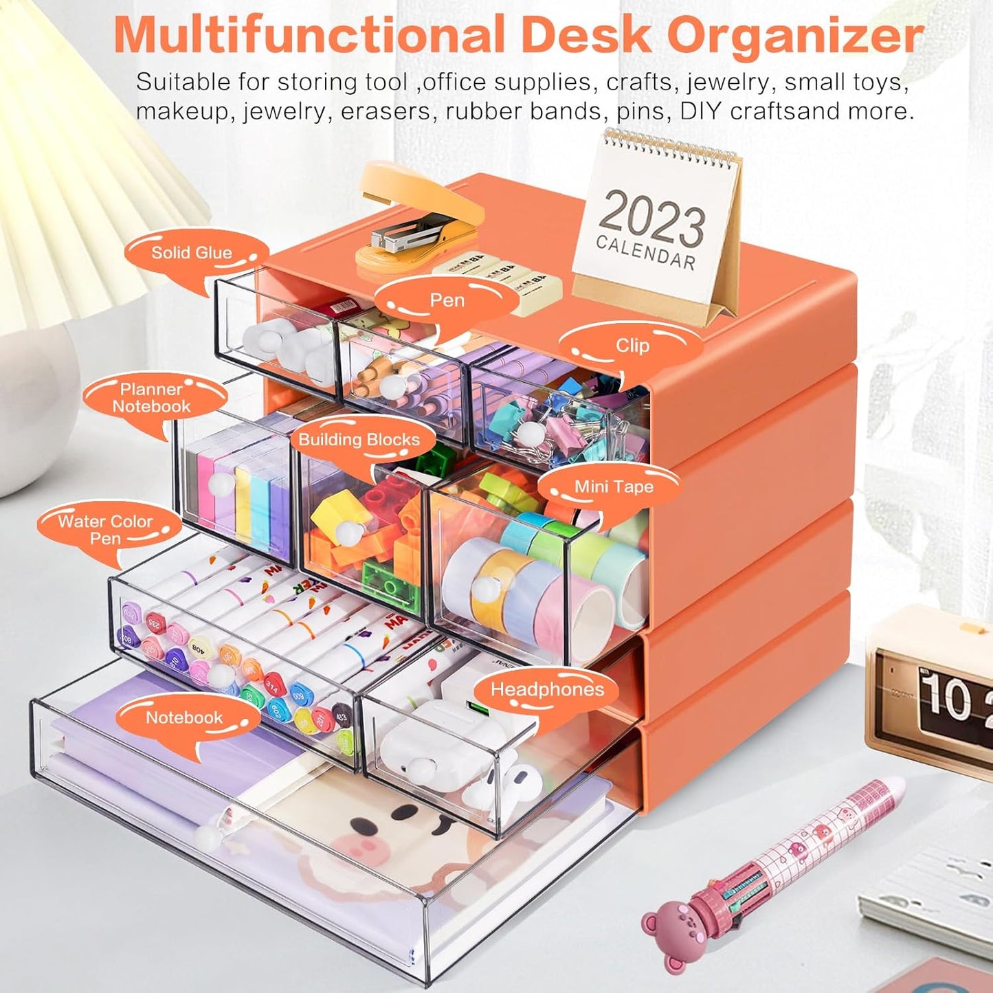 Desk Storage Organizer with 9 Drawers, 4 Tiers Stackable Desktop Craft Storage Drawers, Clear Storage Box Caddy for Stationary Makeup Jewelry Office Craft Supplies (Green)