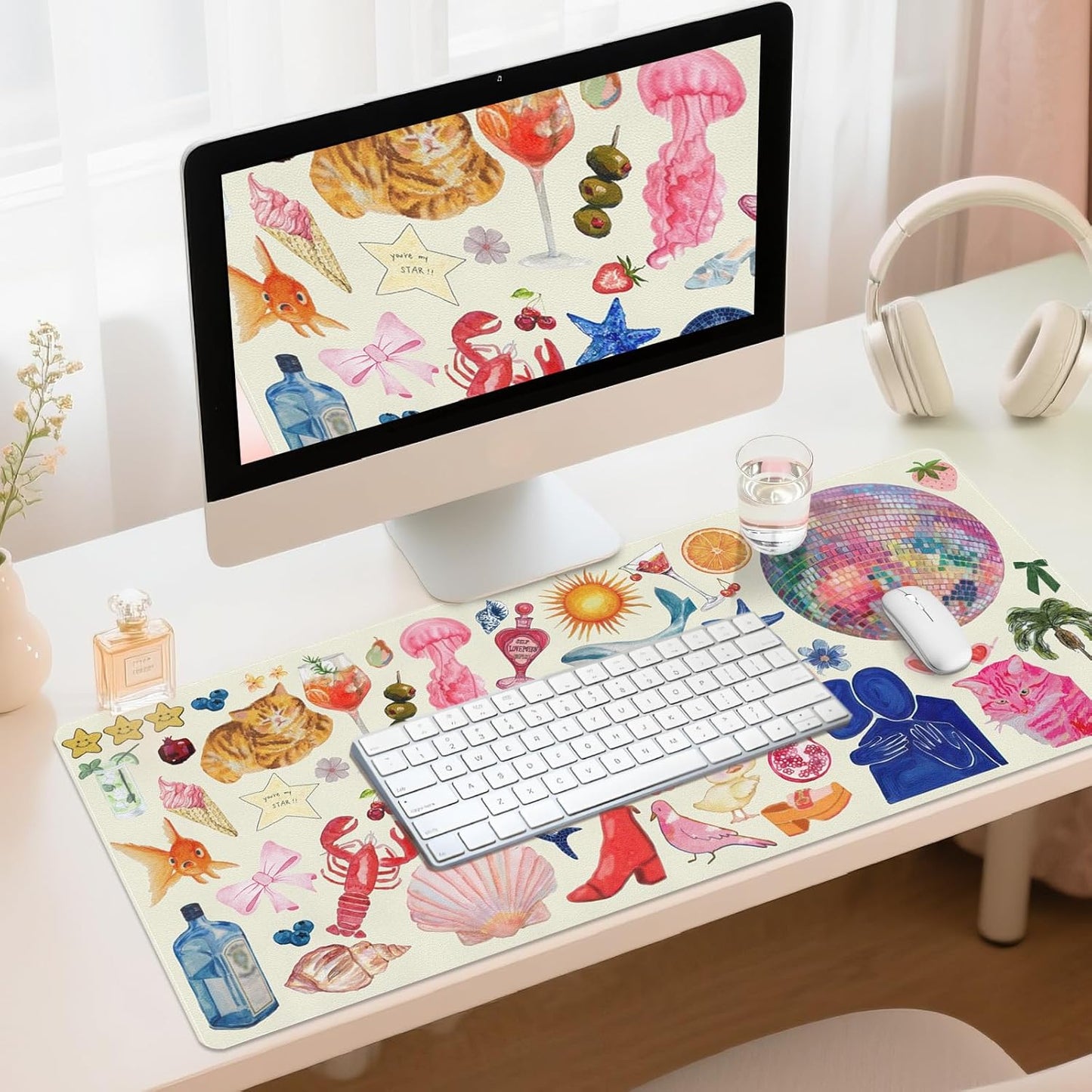 Pink Desk Mat, Leather Desk Pad Blotter Protector, XXL Large Mouse Pad,Computer Laptop Mouse Pads for Desktop,Waterproof Writing Anti-Slip Mousepad for Office and Home I Colorful Stickers
