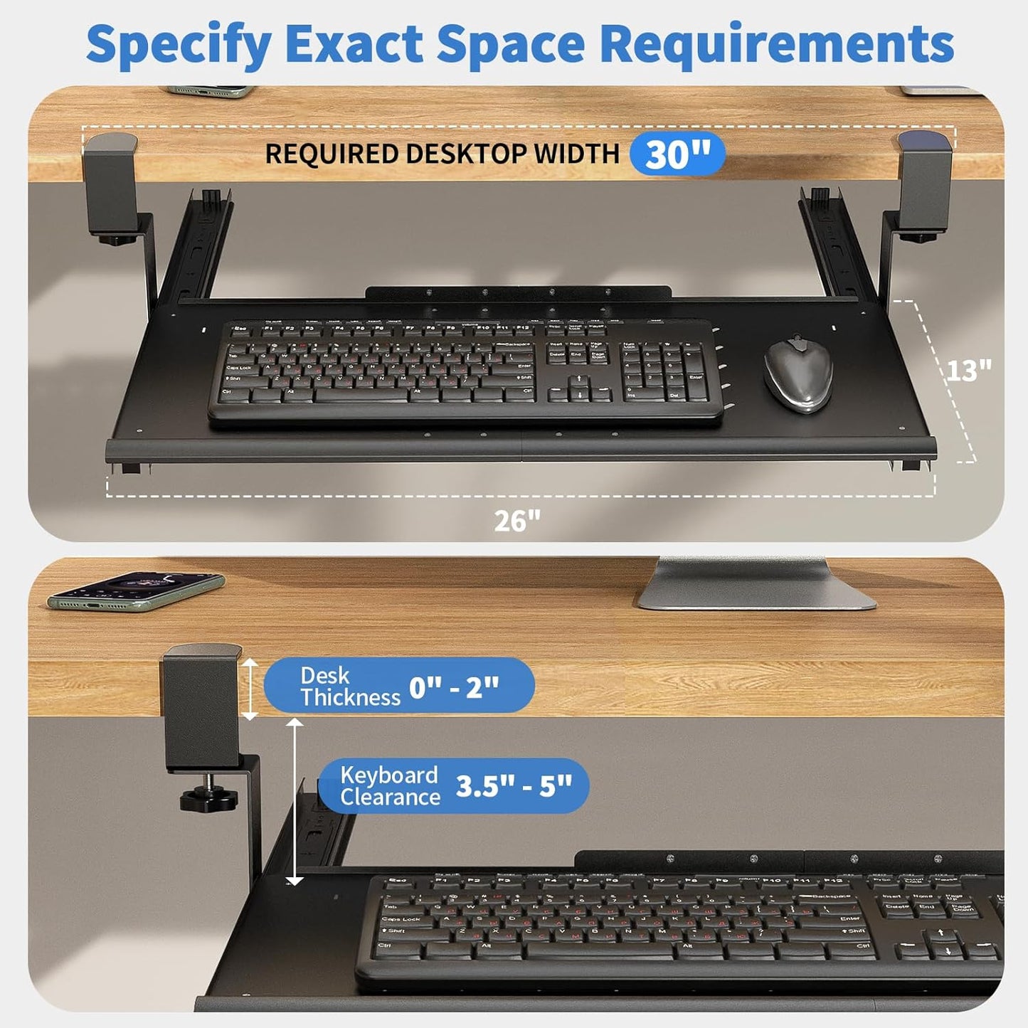 Keyboard Tray Under Desk - Full Metal Slide Out Holder, Rust-Resistant & Scratch-Proof, 26x13" Tray, Double C-Clamps for L Shape/Regular Desks, Standing/Sitting Workstation(Black-A)