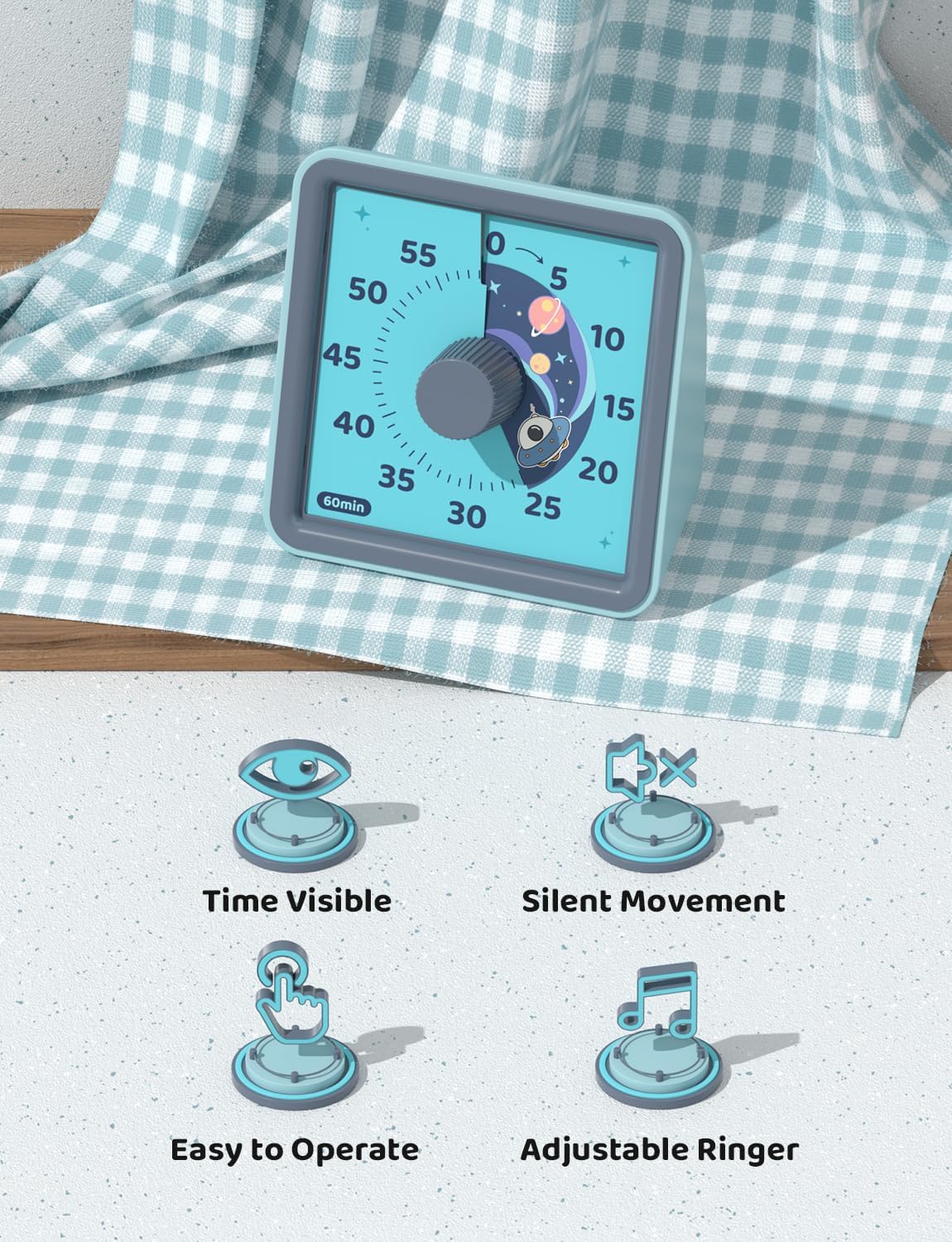 LIORQUE 60 Minute Visual Timer for Kids, Visual Countdown Timer for Classroom Office Kitchen with 'Space Ship' Pattern Design, Pomodoro Timer with Silent Operation (Batteries Included)