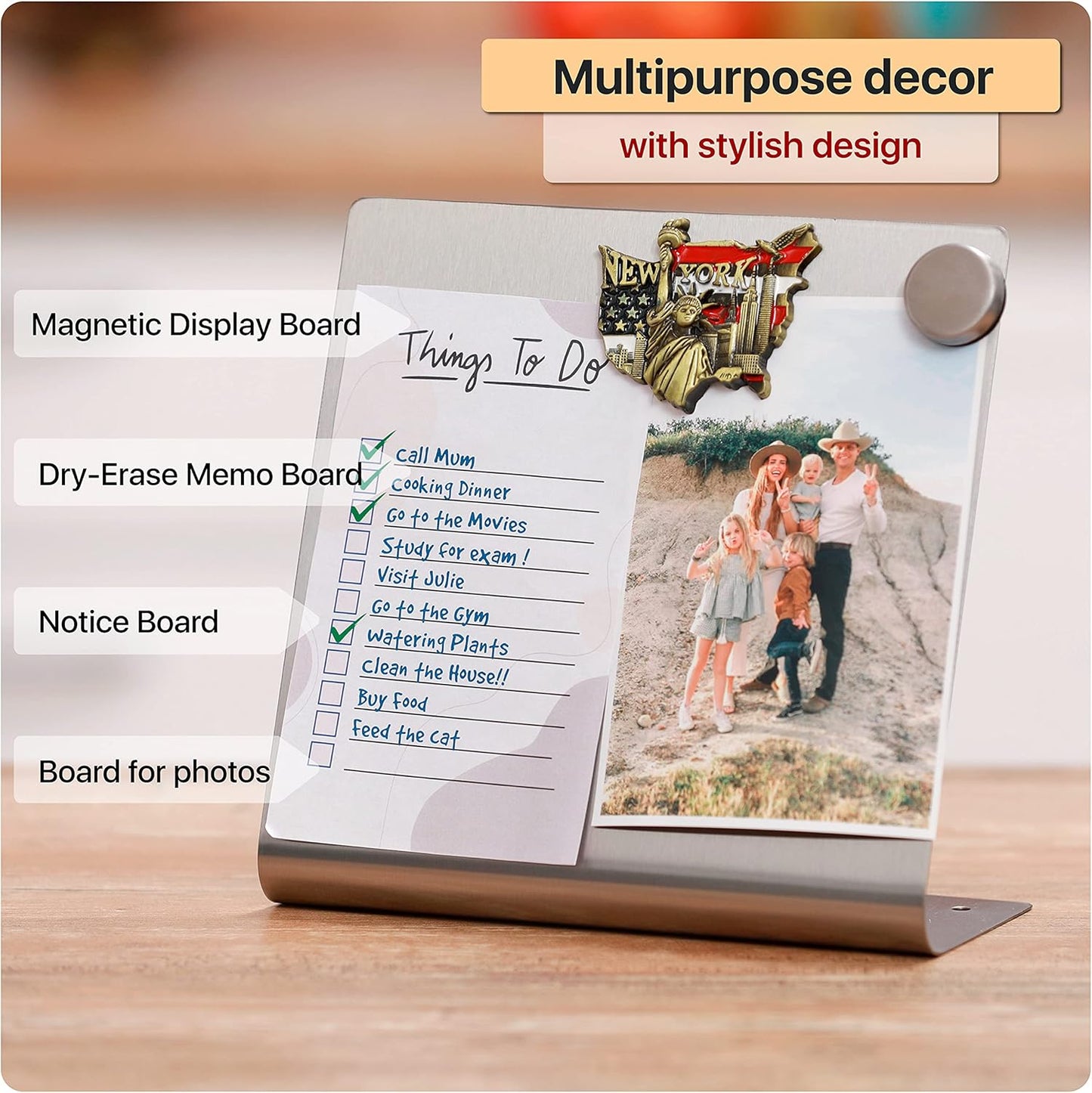 Magnetic Bulletin Board with Stand – Small Dry Erase Memo Board – Tabletop Metal Easel for Magnet Display – Mini Home Decor – 8x8 Inches + 2 Magnets