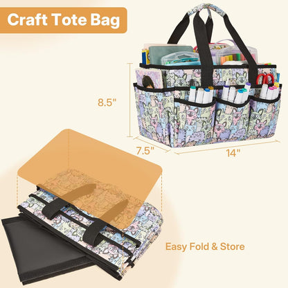 Craft Organizer Tote Bag, Art Organizer, Craft Caddy with Multiple Pockets, Storage Bag for Sewing Tools, Art Supplies, Home and Office (Cat Print)