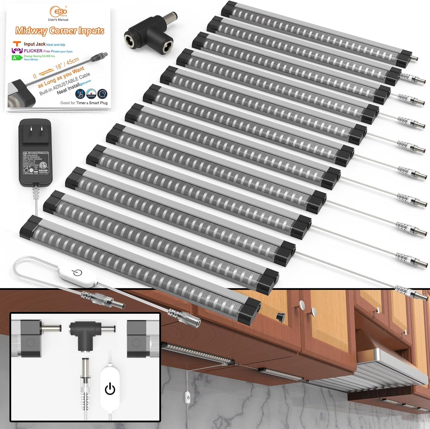EBD LED Light Bar Built-in Adjustable Cable 12 Pcs Corner Input Under-Counter Light fixtures Work Bench linkable Touch Lights 3000K 5400 Lm Super Bright for Pantry Garage Shelves Closet Shelf