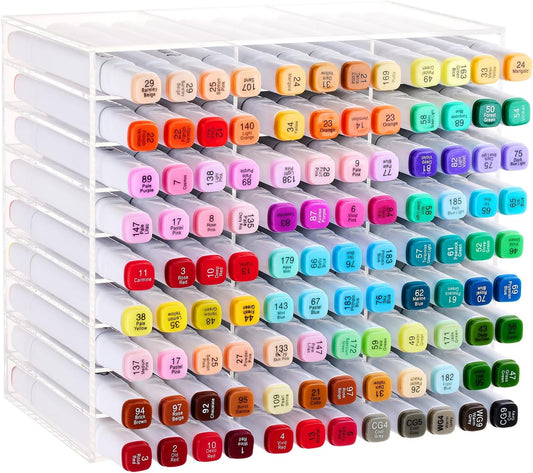 Acrylic Marker Organizer for 108 Markers, Large Capacity Alcohol Marker Storage Rack for Desk, Horizontal Pens Pencils Holder Art Organizer with 27 Compartments for Classroom Office