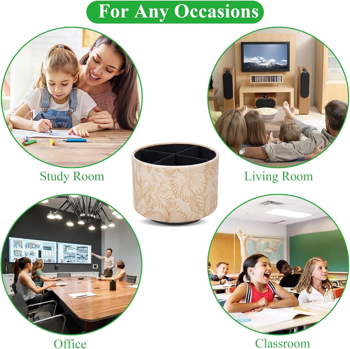 Round Leather Art Supply Organizer,Remote Control Holder,360 Degree Rotating,Multi-Functional Pencil Holder,4 Compartments Desktop Stationary Organizer(1-Fractal Flower) | Round - Colors C