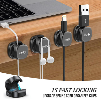 8 Pack Spring Cord Holder Clips [360° Rotatable, 1-Hand Use] — Adhesive Cable Clips for Nightstand, Desk, Wall & Kitchen | Phone Charger Cord Holder | No-Residue | Fits 2.5–8mm Cables