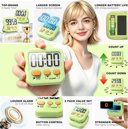 Antonki 2 Pack Digital Timer for Kids, Magnetic Countdown Kitchen Timers for Cooking, Egg, Classroom, Teacher, Exercise, Study, Oven - Battery Included