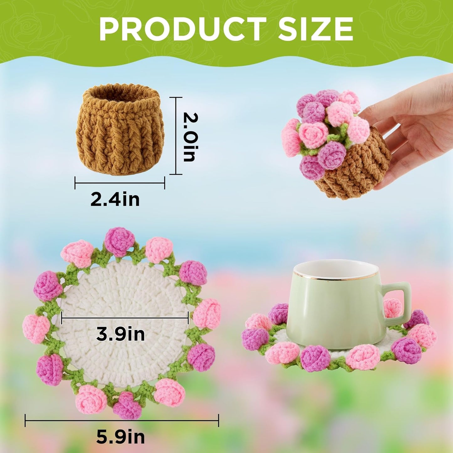 Flower Crochet Coasters, Handmade Bouquet Blanket Coaster with Crochet Plant Pot Fun Soft Decorative Drink Coasters for Coffee Tabletop Protection and Home Decor (Pink, 1Pc)