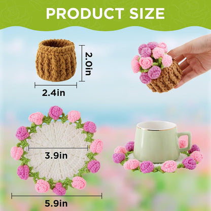 Flower Crochet Coasters, Handmade Bouquet Blanket Coaster with Crochet Plant Pot Fun Soft Decorative Drink Coasters for Coffee Tabletop Protection and Home Decor (Pink, 1Pc)