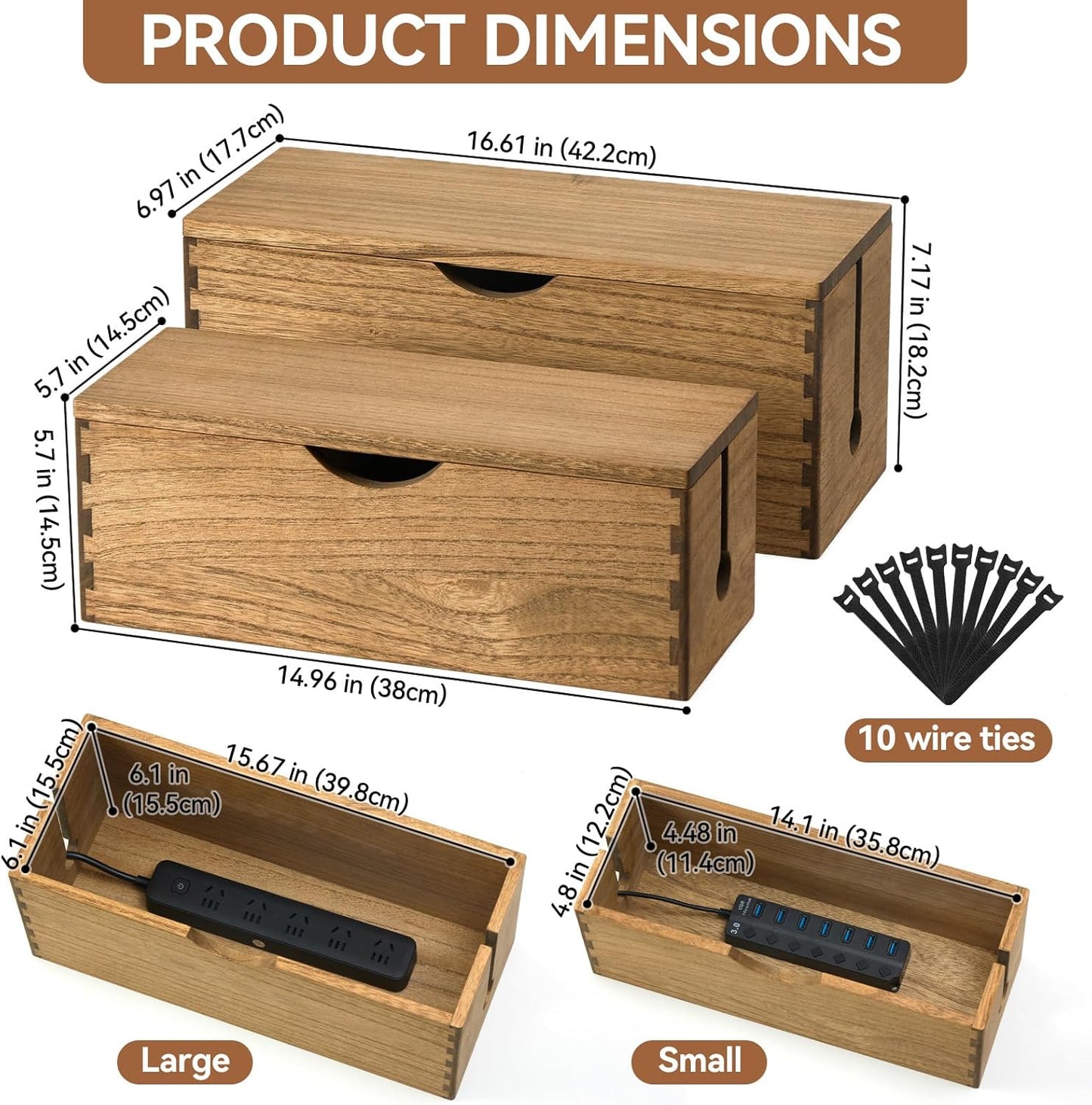 KIRIGEN Wooden Cable Management Box Set of 2 - Solid Wood Large & Small Cord Organizer Hides Power Strips, Chargers & Wires for Desk, TV Stand, Home Office DXH2T-NA