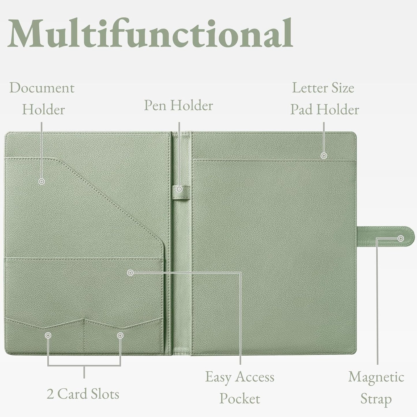 Mymazn Padfolio Portfolio Folder, Faux Leather Interview Resume Folder with Document Organizer & Business Card Holder, Letter-Sized Notepad Legal Pad Holder for Men Women (Sage Green)