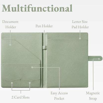Mymazn Padfolio Portfolio Folder, Faux Leather Interview Resume Folder with Document Organizer & Business Card Holder, Letter-Sized Notepad Legal Pad Holder for Men Women (Sage Green)