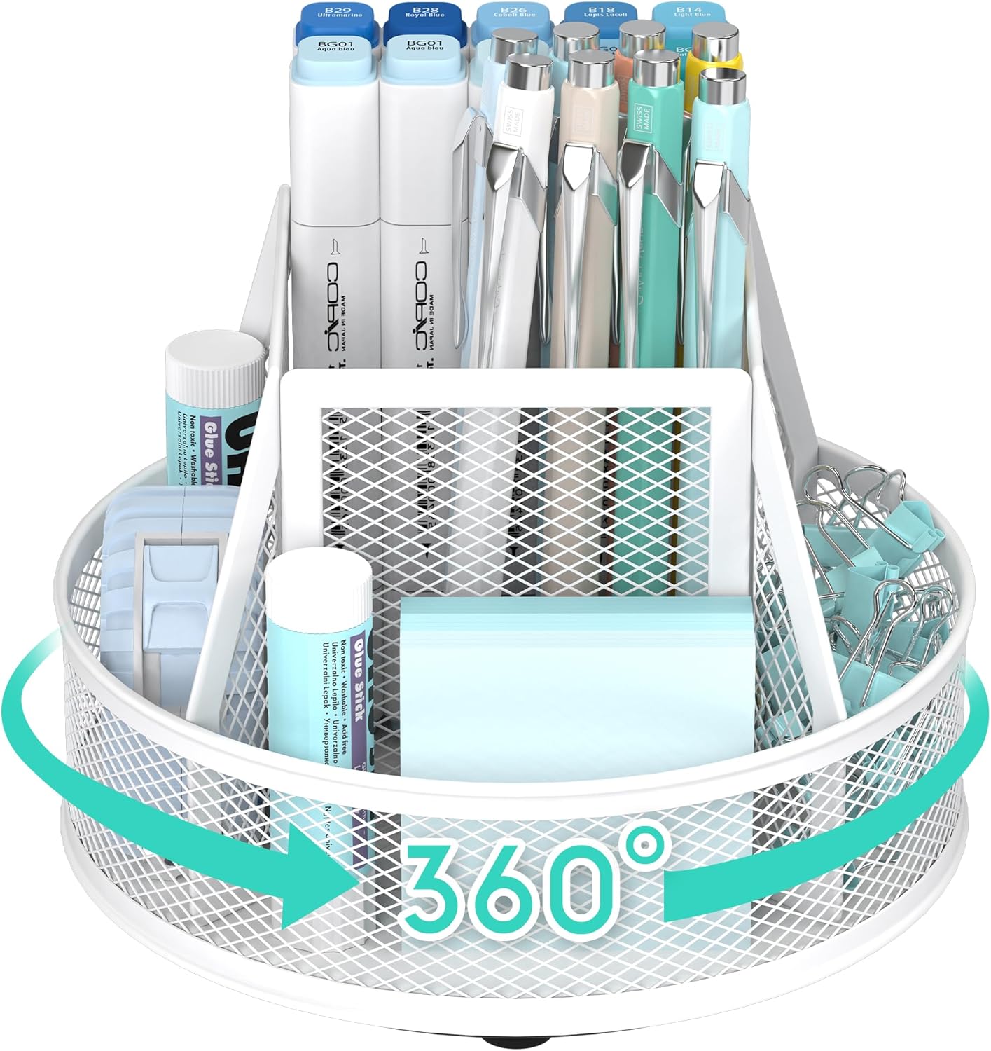 YINGHUA Metal Mesh Desk Organizer with 5 Compartments and Rotating Pencil Holder Pen and Stationery Organizer for Office Home School Anti Slip Base Black