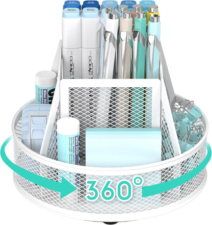 YINGHUA Metal Mesh Desk Organizer with 5 Compartments and Rotating Pencil Holder Pen and Stationery Organizer for Office Home School Anti Slip Base Black
