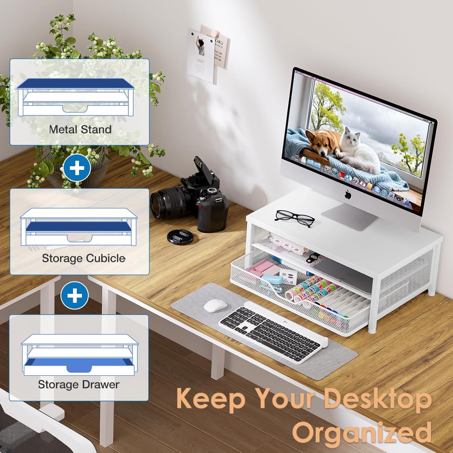 OPNICE Computer Monitor Stand Riser, Desk Organizer with Drawer, Printer & Laptop Stand, Office Desk Accessories & Workspace Desktop Organizers Storage for Office Supplies(Black)