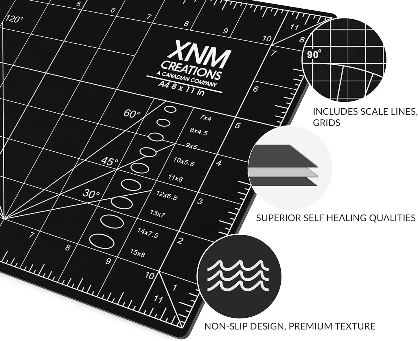 XNM Premium Self Healing Cutting Mat - 18 Inches by 24 inches - A2, 3 Layer Quality PVC Construction - Dual Sided, Imperial and Metric Grid Lines - Perfect for Cutting, Sewing, and Crafts