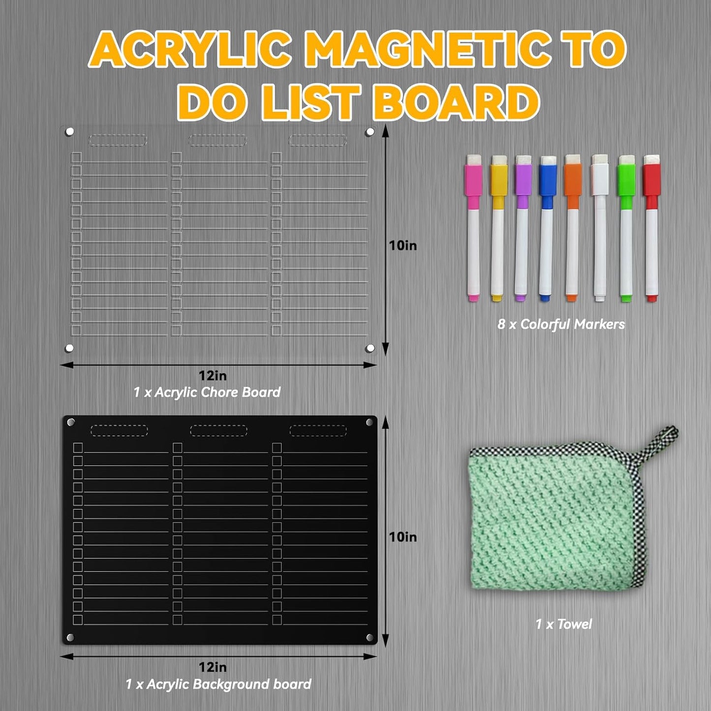 YNGRUE Acrylic Magnetic Dry Erase Board for Fridge - 12"x10"Magnetic to Do List Set w/Clear Acrylic Panel+Black Backing, Refrigerator Grocery Board w/8 Markers&Towel for Teens Adult Family Kids