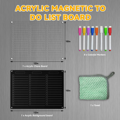 YNGRUE Acrylic Magnetic Dry Erase Board for Fridge - 12"x10"Magnetic to Do List Set w/Clear Acrylic Panel+Black Backing, Refrigerator Grocery Board w/8 Markers&Towel for Teens Adult Family Kids
