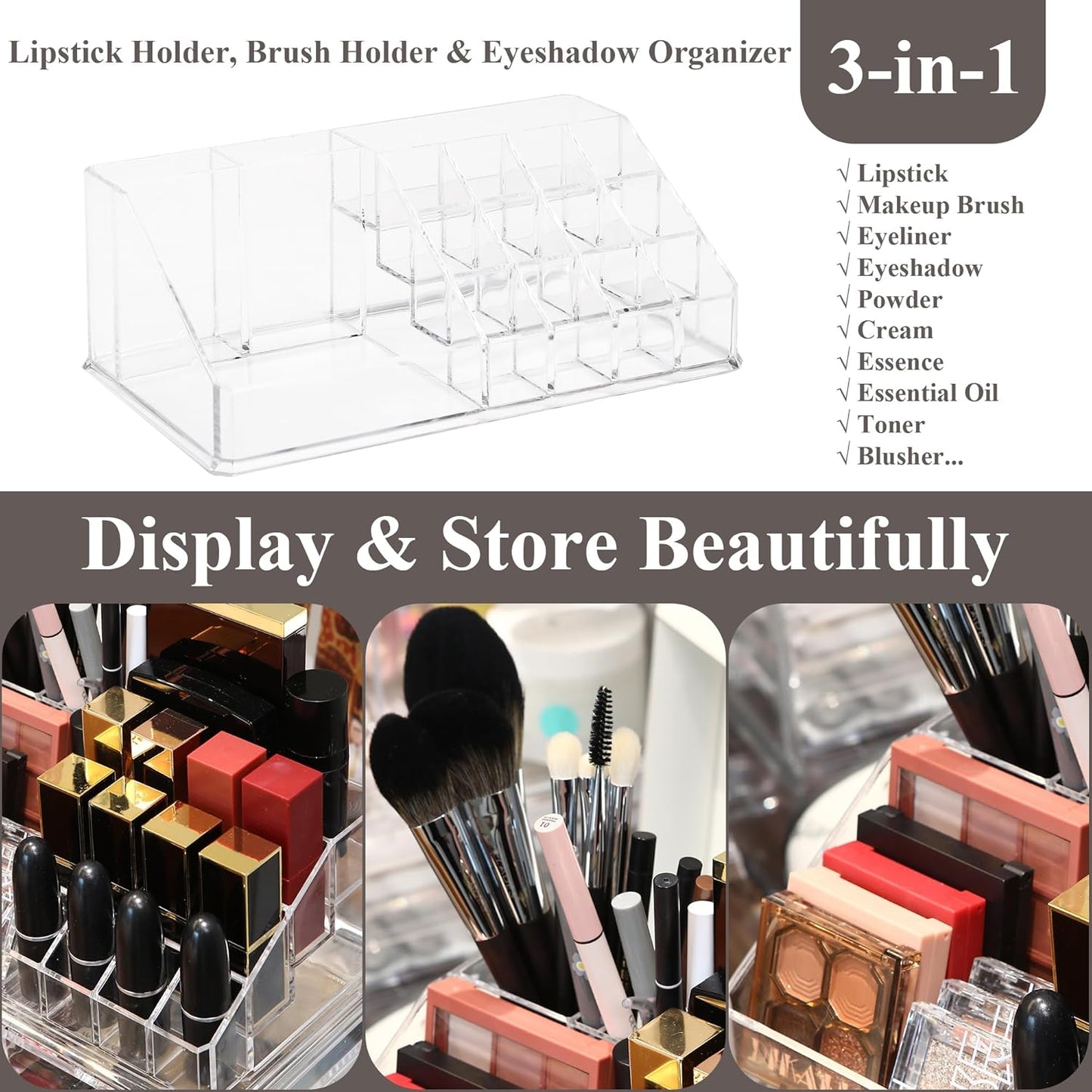Sea Team Clear Makeup Organizer with Drawers, Acrylic Plastic Cosmetic Display Case, Jewelry Storage Box, Holder for Dresser, Bathroom, Vanity, Countertop (3 Middle Drawers)